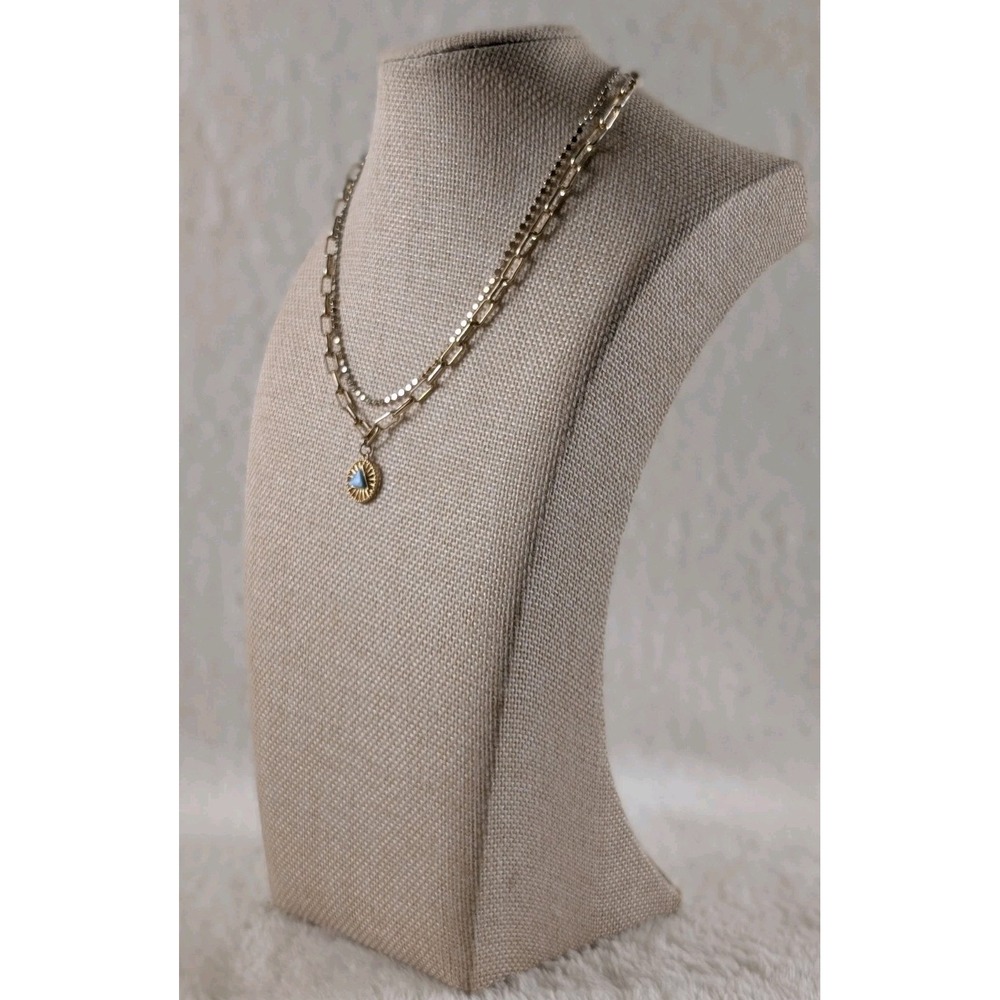 Gold Tone Layered Necklace Blue Triangle Pendant Paperclip Chain Modern‎